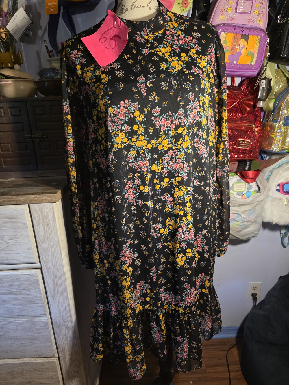 Bcbg Paris Black Floral Shimmer Dress Size Xlarge Open Sleeves